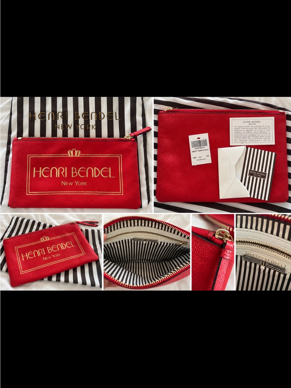 henri bendel Red Leather Logo Zip Pouch with Gold Trim